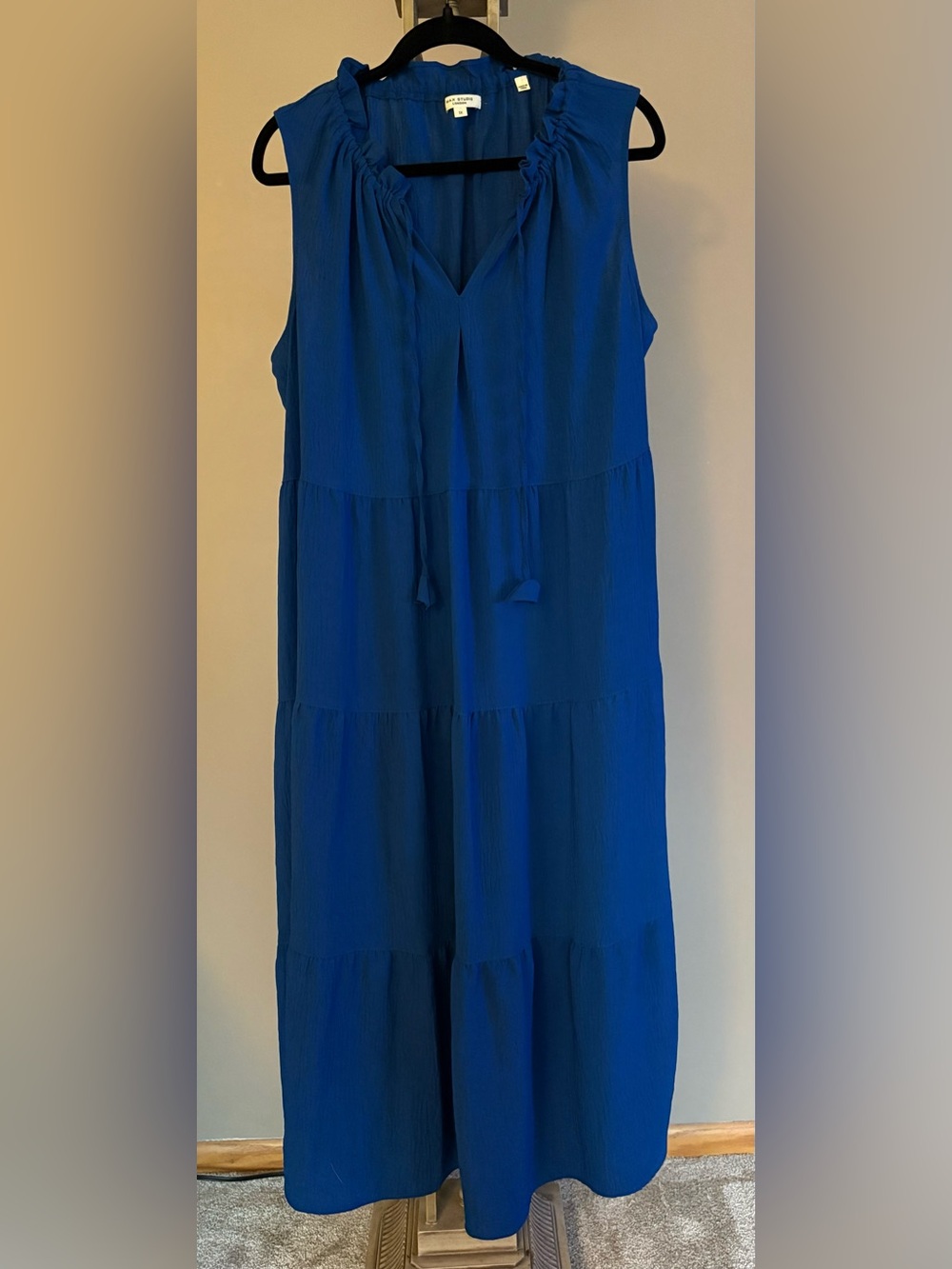 Max Studio Cobalt Blue Tiered Crinkle Gauze Sleeveless Maxi Dress Side Pockets